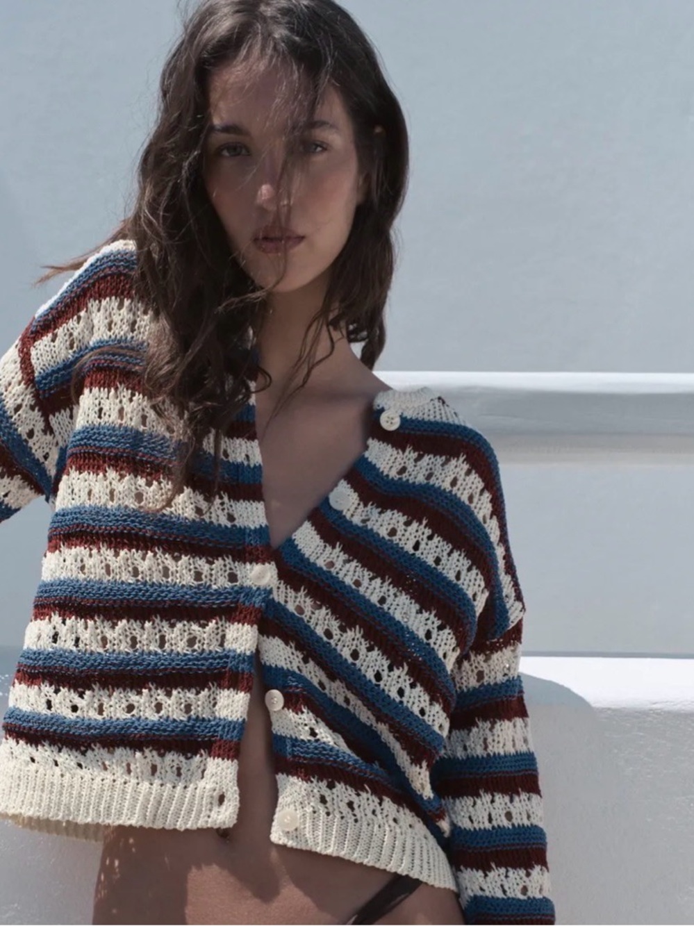 Zara Striped Crochet Button Cardigan - Cream, Blue & Brown